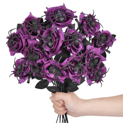 Lastdaytime Set mit 10 künstlichen Halloween-Rosen mit Spinnen für Halloween-Partys und saisonale Heimdekorationsarrangements (lila) von Lastdaytime