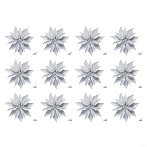 Lastdaytime Set mit 12 künstlichen Weihnachtsblumen, 10 cm, Kunststoff, dekorative Akzente, geeignet für Weihnachtskränze, Blumenarrangements und Baumschmuck (Silber) von Lastdaytime