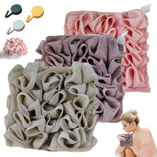 3-Pack 2-in-1 Loofah-Waschleset mit Seifenbeutel, Peeling Badschwamm mit Kordelkordel, zweiseitig für eine tiefe Reinigung und glatte Haut (3 Farben) von Latebebebe