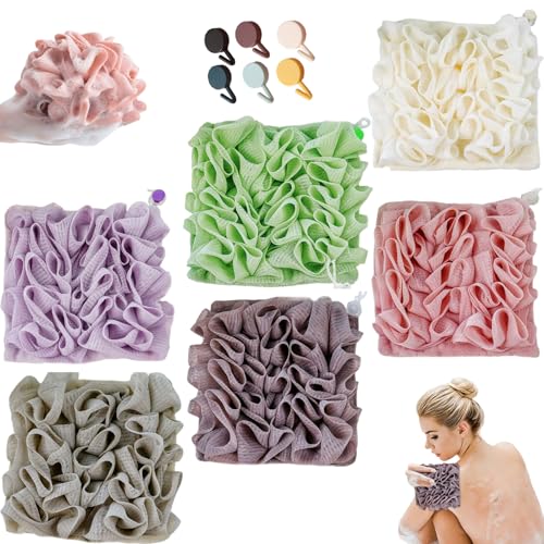 6-Pack 2-in-1 Loofah-Waschleset mit Seifenbeutel, Peeling Badschwamm mit Kordelkordel, zweiseitig für die tiefe Reinigung und glatte Haut (6 Farben) von Latebebebe