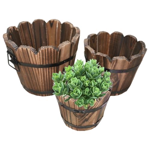 Latebebebe 3pcs Whisky Barrel Pflanzer Vintage Holzfass Pflanzer mit welligem Mund- und Entwässerungsloch dekorativen Pflanzenkolben mit Griffen für Gartenhiskey im Innenbereich im Freien Freien Latebebebe 3pcs Whisky Barrel Pflanzer Vintage Holzfass Pflanzer mit welligem Mund- und Entwässerungsloch dekorativen Pflanzenkolben mit Griffen für Gartenhiskey im Innenbereich im Freien Freien von Latebebebe
