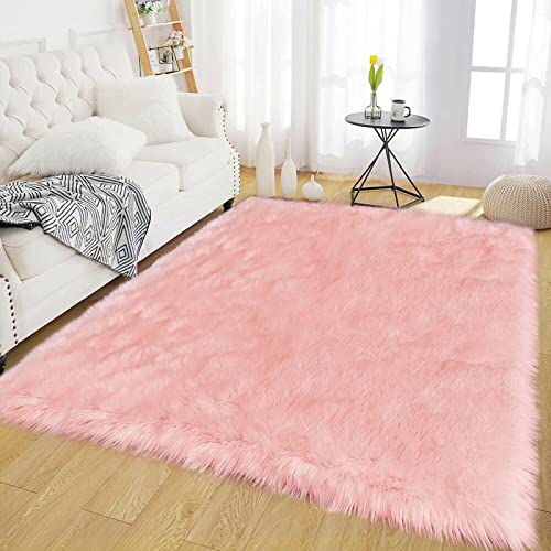 Latepis Kunstfell Teppich Wohnzimmer 150x240 cm Teppich Rosa Flauschig Shaggy Teppich Schaffell Kunstfell Teppich Waschbar Schlafzimmer Teppich Area Rug von Latepis