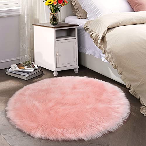 Latepis Rosa Teppich Rund 200cm Teppich Schaffell Kunstfellwaschbarer Teppich Wohnzimmer Teppich Groß Teppich Schlafzimmer Shaggy Warm Teppich von Latepis