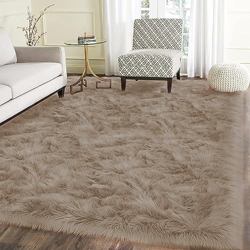 Latepis Teppich Flauschig Kunstfell Hellbraun Beige für Wohnzimmer Schlafzimmer 150x240 cm Teppich Waschbar Hochflor Fellteppich Shaggy Area Rug von Latepis