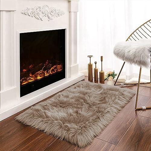 Latepis Teppich Hellbraun Beige Flauschig 60x90 cm Klein Kunstfell Teppich für Schlafzimmer Wohnzimmer Sofa Deko Bettvorleger Waschbarer Teppich Hochflor Shaggy von Latepis