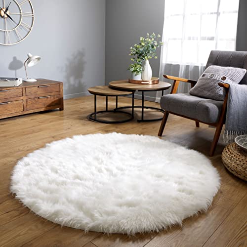 Latepis Teppich Rund 200cm Flauschiger Teppich Schaffell Kunstfell Wohnzimmer Weiss Teppich Groß Waschbarer Teppich Schlafzimmer Shaggy Warm Teppich von Latepis