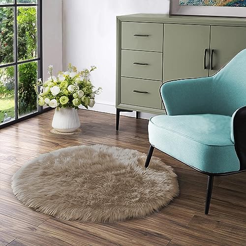 Latepis Teppich Rund Hellbraun Beige Flauschiger Kunstfell für Wohnzimmer Schlafzimmer 150 cm Esszimmer Teppich Hochflor Waschbar Shaggy Area Rug von Latepis