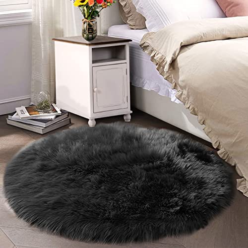 Latepis Teppich Rund Schwarz 200 cm Flauschig für Wohnzimmer Schlafzimmer Esszimmer Kunstfell Waschbarer Teppich Hochflor Shaggy Area Rug von Latepis