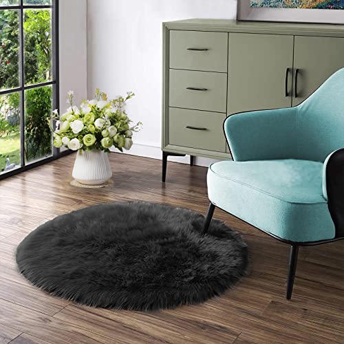 Latepis Teppich Rund Schwarz Flauschiger Kunstfell für Wohnzimmer Schlafzimmer 150 cm Esszimmer Teppich Hochflor Waschbar Shaggy Area Rug von Latepis