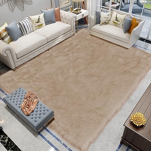 Latepis Teppich Wohnzimmer Flauschig Beige 200x300 cm Waschbarer Kunstfell Teppich Hochflor Weich Fellteppich Shaggy Rug von Latepis