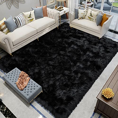 Latepis Teppich Wohnzimmer Flauschig Schwarz 200x300 cm Waschbarer Kunstfell Teppich Hochflor Weich Fellteppich Shaggy Area Rug von Latepis