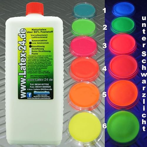 Latex-24 NEON Latexmilch 1Liter Low-Ammoniak Flüssiglatex SCHWARZLICHT Party Farbe Liquid Latex Rubber Gummi NEONFARBEN dünn normal flüssig (NEON GELB) von Latex-24