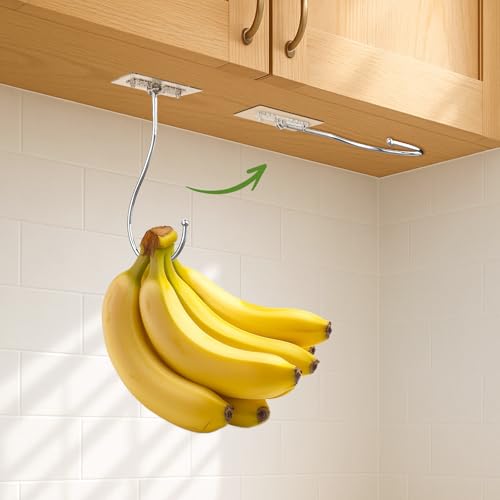 2er-Set Platzsparende Klar Transparente Faltbare Bananenhaken mit Selbstklebendem Haftpad (7kg Tragkraft), rückstandsfrei für Unterbauschrank - Bananen frisch halten-Multifunktionaler großer Haken von Latoxcaa