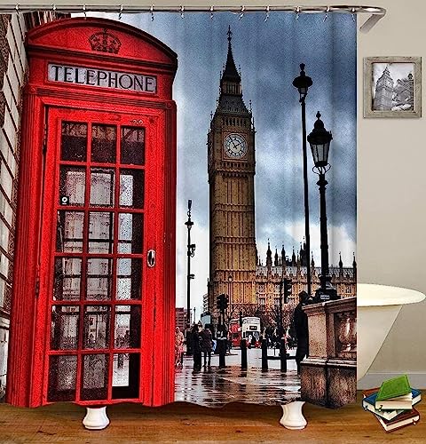 Latwerio 3D Duschvorhang 120x200 London Duschvorhänge Antischimmel Wasserdicht Badevorhang London Duschrollo für Badewanne Dusche Shower Curtains, 8 Duschvorhang Ringe von Latwerio
