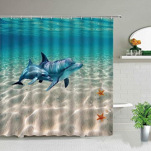 Latwerio 3D Duschvorhang 180x180 Delfin Duschvorhänge Antischimmel Wasserdicht Badevorhang Delfin Duschrollo für Badewanne Dusche Shower Curtains, 12 Duschvorhang Ringe von Latwerio