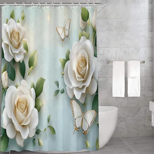 Latwerio Duschvorhang Blüten Weiß 3D Duschvorhang Antischimmel 180x200 cm Anlage Badezimmer Vorhang Wasserdicht Duschvorhänge Waschbar Bad Vorhäng für Badewanne mit 12 Haken W2471 von Latwerio