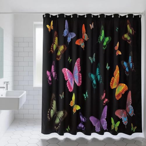 Latwerio Duschvorhang Bunter Schmetterling 3D Duschvorhang Antischimmel 120 x 180 cm Schwarz Badezimmer Vorhang Wasserdicht Duschvorhänge Waschbar Bad Vorhäng für Badewanne mit 8 Haken W3301 von Latwerio