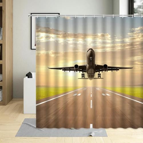 Latwerio Duschvorhang Flugzeug 3D Duschvorhang Antischimmel 120 x 180 cm Verkehrsflugzeug Badezimmer Vorhang Wasserdicht Duschvorhänge Waschbar Bad Vorhäng für Badewanne mit 8 Haken W2482 von Latwerio
