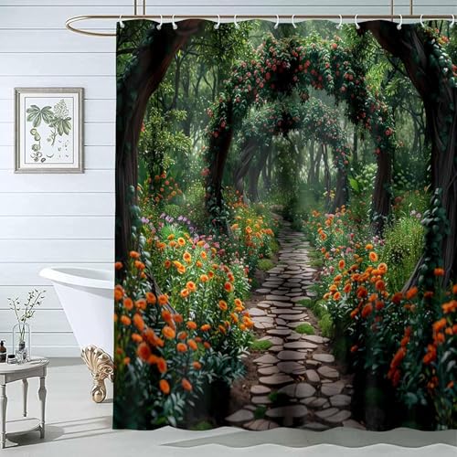 Latwerio Duschvorhang Garten 3D Duschvorhang Antischimmel 180x180 cm Gewölbter Garten Badezimmer Vorhang Wasserdicht Duschvorhänge Waschbar Bad Vorhäng für Badewanne mit 12 Haken W3695 von Latwerio