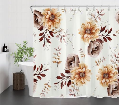 Latwerio Duschvorhang Gelb 3D Duschvorhang Antischimmel 120 x 180 cm Blumen Badezimmer Vorhang Wasserdicht Duschvorhänge Waschbar Bad Vorhäng für Badewanne mit 8 Haken V212 von Latwerio