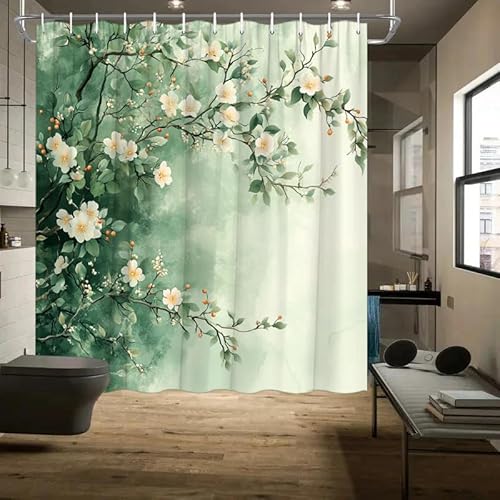 Latwerio Duschvorhang Grünes Blatt 3D Duschvorhang Antischimmel 120 x 180 cm Blumen Badezimmer Vorhang Wasserdicht Duschvorhänge Waschbar Bad Vorhäng für Badewanne mit 8 Haken V303 von Latwerio