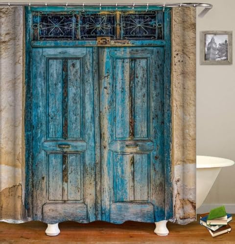 Latwerio Duschvorhang Italien 3D Duschvorhang Antischimmel 120 x 180 cm Blaue Holztür Badezimmer Vorhang Wasserdicht Duschvorhänge Waschbar Bad Vorhäng für Badewanne mit 8 Haken W3679 von Latwerio