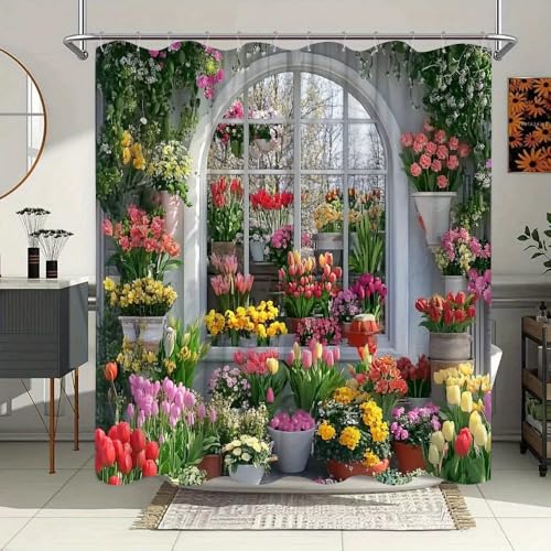 Latwerio Duschvorhang Italien 3D Duschvorhang Antischimmel 180x180 cm Blumenzimmer Badezimmer Vorhang Wasserdicht Duschvorhänge Waschbar Bad Vorhäng für Badewanne mit 12 Haken V312 von Latwerio