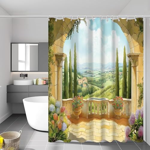 Latwerio Duschvorhang Italien 3D Duschvorhang Antischimmel 180x200 cm Balkonblick Badezimmer Vorhang Wasserdicht Duschvorhänge Waschbar Bad Vorhäng für Badewanne mit 12 Haken Y656 von Latwerio