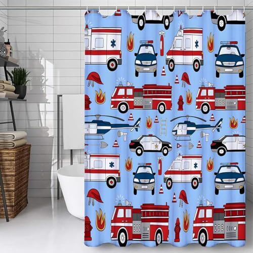 Latwerio Duschvorhang Krankenwagen 3D Duschvorhang Antischimmel 120 x 180 cm Feuerwehrauto Badezimmer Vorhang Wasserdicht Duschvorhänge Waschbar Bad Vorhäng für Badewanne mit 8 Haken W3539 von Latwerio