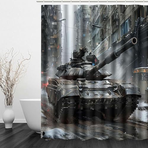 Latwerio Duschvorhang Militärisches Thema 3D Duschvorhang Antischimmel 180x200 cm Tank Badezimmer Vorhang Wasserdicht Duschvorhänge Waschbar Bad Vorhäng für Badewanne mit 12 Haken W3318 von Latwerio