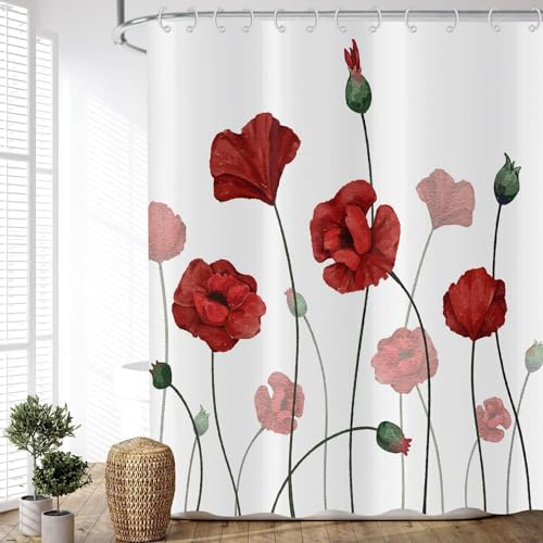 Latwerio Duschvorhang Mohn 3D Duschvorhang Antischimmel 240x200 cm Rot Badezimmer Vorhang Wasserdicht Duschvorhänge Waschbar Bad Vorhäng für Badewanne mit 12 Haken Y651 von Latwerio