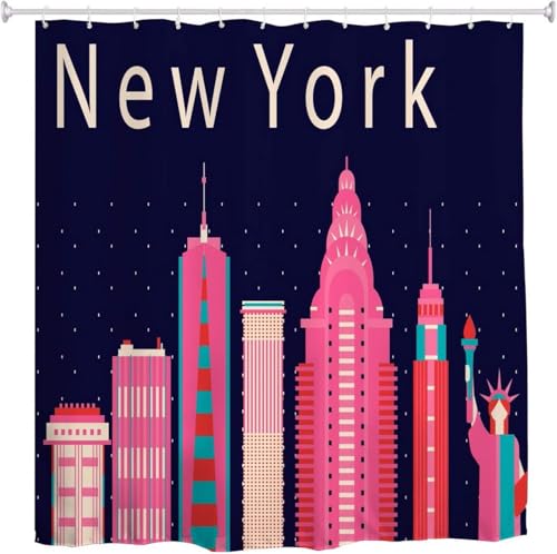 Latwerio Duschvorhang New York 3D Duschvorhang Antischimmel 120 x 180 cm Karikatur Badezimmer Vorhang Wasserdicht Duschvorhänge Waschbar Bad Vorhäng für Badewanne mit 8 Haken W3644 von Latwerio