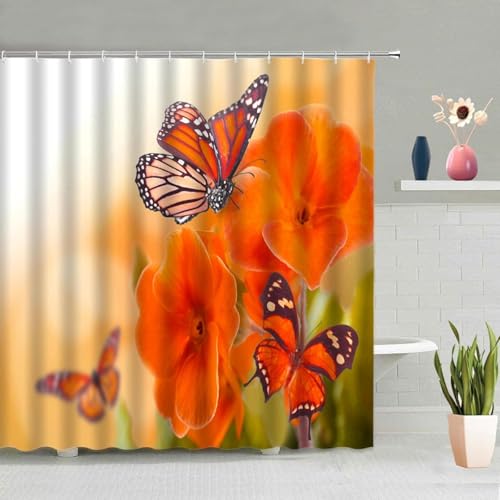 Latwerio Duschvorhang Orangefarbene Blüten 3D Duschvorhang Antischimmel 120 x 200 cm Schmetterling Badezimmer Vorhang Wasserdicht Duschvorhänge Waschbar Bad Vorhäng für Badewanne mit 8 Haken V1116 Latwerio Duschvorhang Orangefarbene Blüten 3D Duschvorhang Antischimmel 120 x 200 cm Schmetterling Badezimmer Vorhang Wasserdicht Duschvorhänge Waschbar Bad Vorhäng für Badewanne mit 8 Haken V1116 von Latwerio