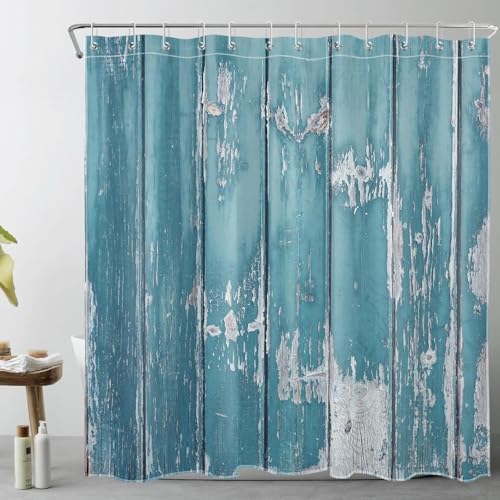 Latwerio Duschvorhang Retro 3D Duschvorhang Antischimmel 120 x 180 cm Blaue Scheunentür Badezimmer Vorhang Wasserdicht Duschvorhänge Waschbar Bad Vorhäng für Badewanne mit 8 Haken W3588 von Latwerio