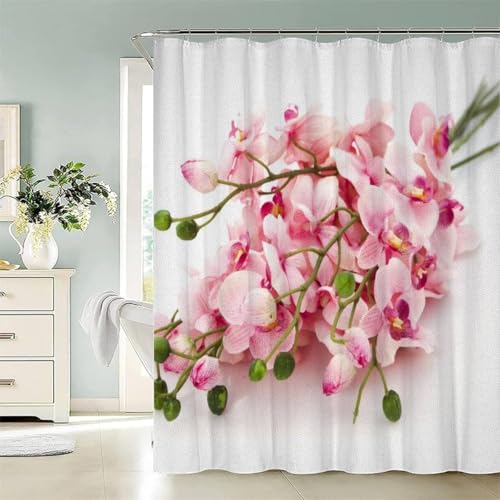 Latwerio Duschvorhang Rosa Blüten 3D Duschvorhang Antischimmel 120 x 180 cm Orchidee Badezimmer Vorhang Wasserdicht Duschvorhänge Waschbar Bad Vorhäng für Badewanne mit 8 Haken W3721 von Latwerio