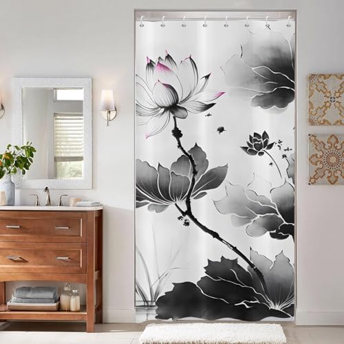 Latwerio Duschvorhang Schwarz 3D Duschvorhang Antischimmel 120 x 180 cm Lotus Badezimmer Vorhang Wasserdicht Duschvorhänge Waschbar Bad Vorhäng für Badewanne mit 8 Haken V205 von Latwerio