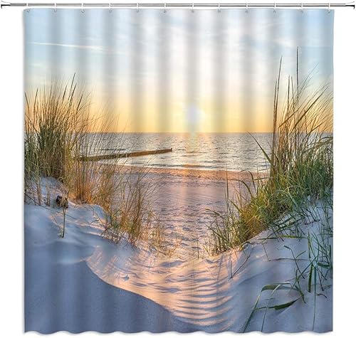 Latwerio Duschvorhang Strand 3D Duschvorhang Antischimmel 120 x 200 cm Sonne Gras Badezimmer Vorhang Wasserdicht Duschvorhänge Waschbar Bad Vorhäng für Badewanne mit 8 Haken W3519 von Latwerio