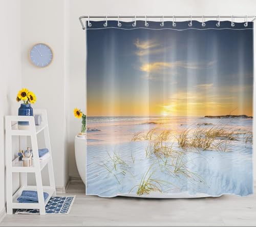 Latwerio Duschvorhang Strand Meer 3D Duschvorhang Antischimmel 120 x 180 cm Wiese Badezimmer Vorhang Wasserdicht Duschvorhänge Waschbar Bad Vorhäng für Badewanne mit 8 Haken Y772 von Latwerio
