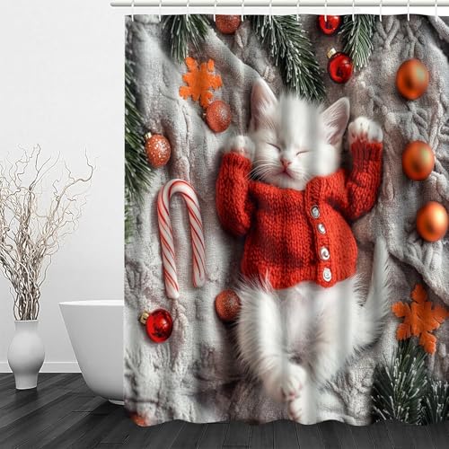 Latwerio Duschvorhang Weihnachtskatze 3D Duschvorhang Antischimmel 120 x 180 cm Rot Badezimmer Vorhang Wasserdicht Duschvorhänge Waschbar Bad Vorhäng für Badewanne mit 8 Haken W2349 von Latwerio