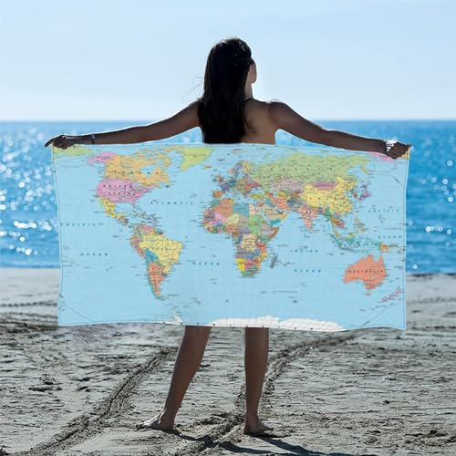 Latwerio Strandtuch Weltkarte, 3D Handtuch Weltkarte Badetücher, Absorbierendem Strandtuch Mikrofaser Weich Badetuch für Camping Fitnessstudio Reise Strandhandtuch 70x150 cm A6380 von Latwerio