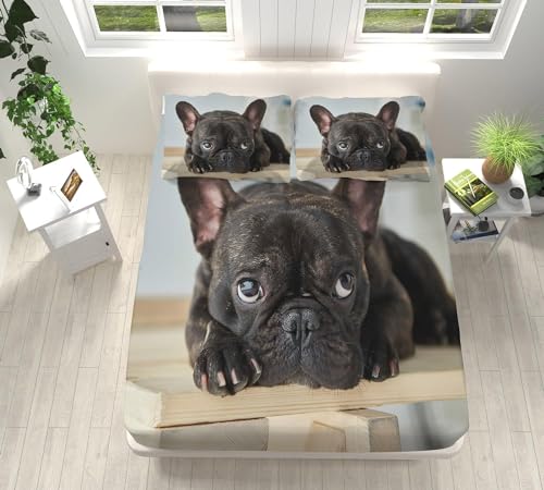 Schwarz Spannbettlaken 90x200 cm, Mikrofaser Bettlaken für Kinder, 3D Französische Bulldogge Bettlaken Spannbetttuch 90 x 200 für Matratze bis 30 cm Höhe Mit 1 x Kissenbezügen D164 von Latwerio