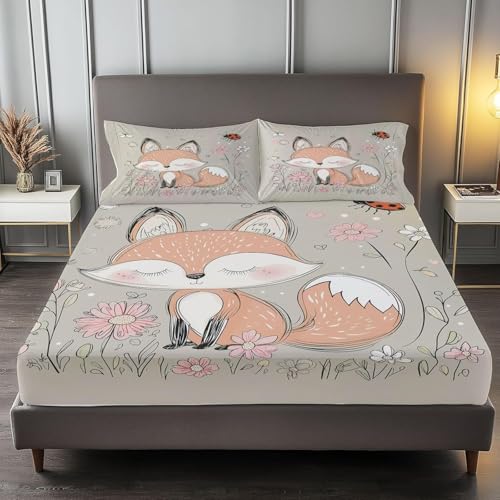 Spannbettlaken 120x200 cm Fuchs Weiches Mikrofaser 3D Bettlaken Spannbetttuch für Kinder Erwachsene, Blumen Bettlaken 120x200 Tiefe Tasche 30 cm Mit 2 Kissenbezügen 80x80 cm S1761 von Latwerio