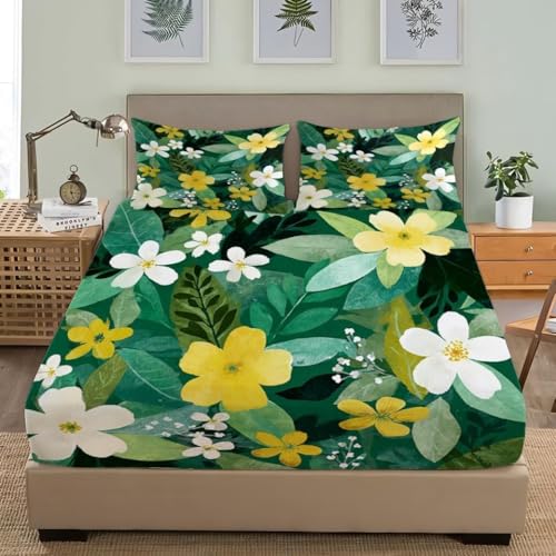 Spannbettlaken 120x200 cm Grüne Blätter Weiches Mikrofaser 3D Bettlaken Spannbetttuch für Kinder Erwachsene, Blumen Bettlaken 120x200 Tiefe Tasche 30 cm Mit 2 Kissenbezügen 80x80 cm S1649 von Latwerio