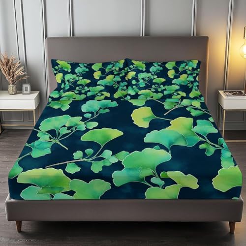 Spannbettlaken 120x200 cm Grüner Ginkgo Blatt Weiches Mikrofaser 3D Bettlaken Spannbetttuch für Kinder Erwachsene, Pflanzen Bettlaken 120x200 Tiefe Tasche 30 cm Mit 2 Kissenbezügen 80x80 cm S1383 von Latwerio