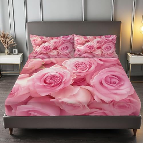Spannbettlaken 120x200 cm Rosa Blumen Weiches Mikrofaser 3D Bettlaken Spannbetttuch für Kinder Erwachsene, Rose Bettlaken 120x200 Tiefe Tasche 30 cm Mit 2 Kissenbezügen 80x80 cm S1369 von Latwerio