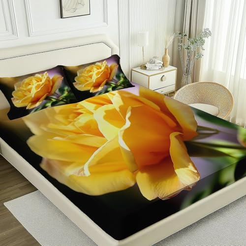 Spannbettlaken 140x200 cm Blumen Weiches Mikrofaser 3D Bettlaken Spannbetttuch für Kinder Erwachsene, Gelb Bettlaken 140x200 Tiefe Tasche 30 cm Mit 2 Kissenbezügen 80x80 cm S1279 von Latwerio