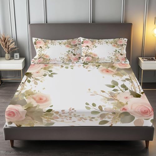 Spannbettlaken 140x200 cm Blumen Weiches Mikrofaser 3D Bettlaken Spannbetttuch für Kinder Erwachsene, Rosa Weiß Bettlaken 140x200 Tiefe Tasche 30 cm Mit 2 Kissenbezügen 80x80 cm S1076 Spannbettlaken 140x200 cm Blumen Weiches Mikrofaser 3D Bettlaken Spannbetttuch für Kinder Erwachsene, Rosa Weiß Bettlaken 140x200 Tiefe Tasche 30 cm Mit 2 Kissenbezügen 80x80 cm S1076 von Latwerio