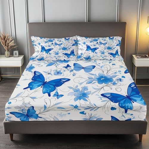 Spannbettlaken 160x200 cm Blauer Schmetterling Weiches Mikrofaser 3D Bettlaken Spannbetttuch für Kinder Erwachsene, Blumen Bettlaken 160x200 Tiefe Tasche 30 cm Mit 2 Kissenbezügen 80x80 cm S1000 Spannbettlaken 160x200 cm Blauer Schmetterling Weiches Mikrofaser 3D Bettlaken Spannbetttuch für Kinder Erwachsene, Blumen Bettlaken 160x200 Tiefe Tasche 30 cm Mit 2 Kissenbezügen 80x80 cm S1000 von Latwerio