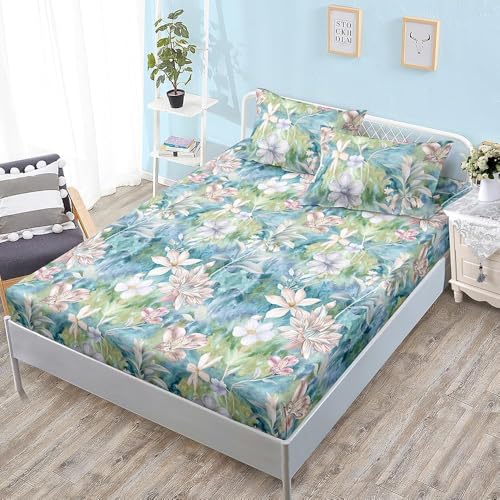 Spannbettlaken 160x200 cm Blumen Weiches Mikrofaser 3D Bettlaken Spannbetttuch für Kinder Erwachsene, Pflanze Bettlaken 160x200 Tiefe Tasche 30 cm Mit 2 Kissenbezügen 80x80 cm S1483 von Latwerio