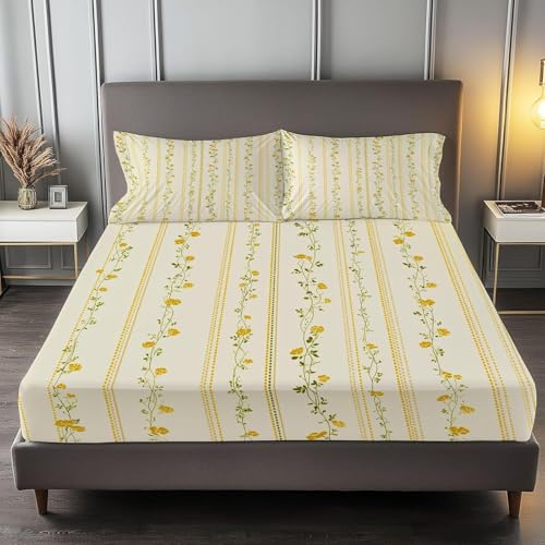 Spannbettlaken 160x200 cm Gelbe Blumen Weiches Mikrofaser 3D Bettlaken Spannbetttuch für Kinder Erwachsene, Pflanzen Bettlaken 160x200 Tiefe Tasche 30 cm Mit 2 Kissenbezügen 80x80 cm S1693 von Latwerio